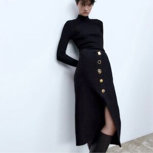 NWT Zara Black Textured High-Waist Midi Pencil Skirt | Gold Buttons (M)